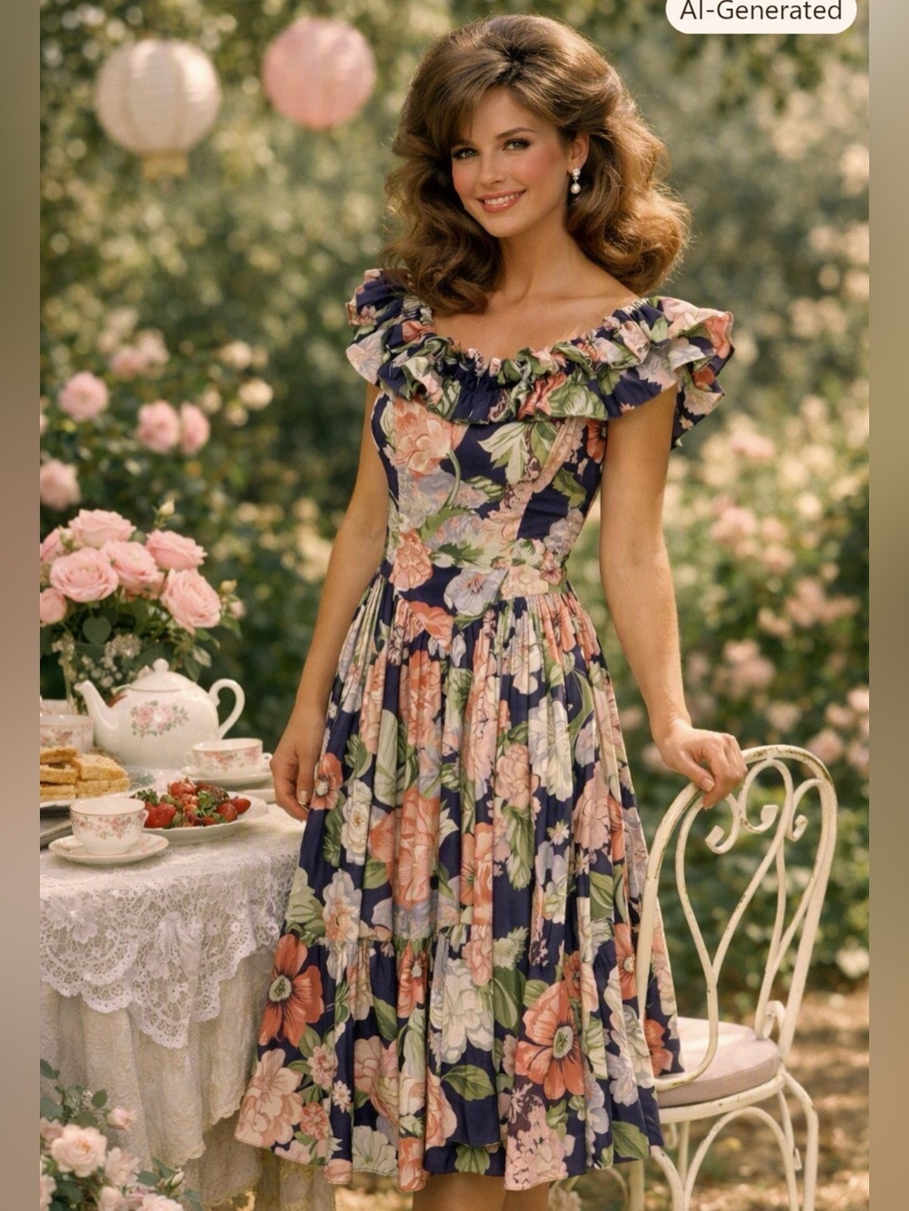 Vintsge Nu Mode Navy Floral Shoulder Ruffle Fitted Maxi Dress